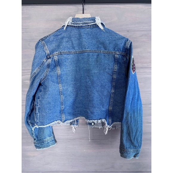 Sunset + Spring Distressed Denim Jacket Beaded Embellished Patch Size XS - Picture 4 of 4